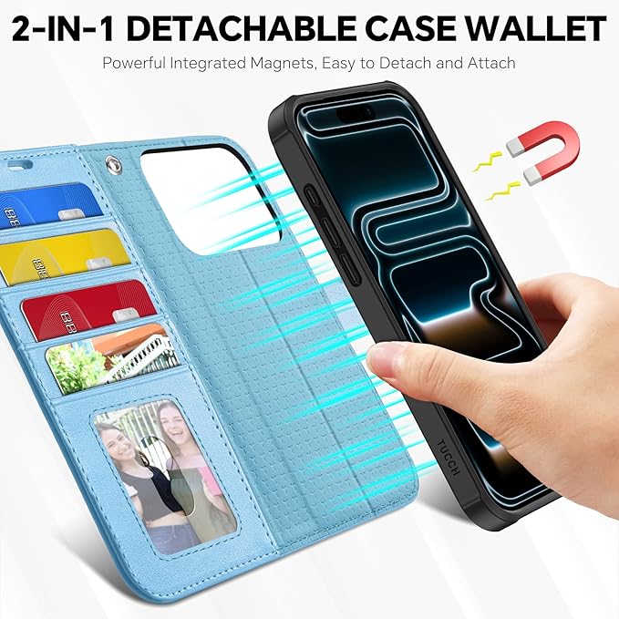 TUCCH Removable Case Wallet for iPhone 17 Pro (6.3") 2025, Detachable Wrist Strap, Wireless Charging, Stand, 4 Card Slots RFID Blocking, 2-in-1 Magnetic, PU Leather Shockproof Cover, Pearly Light Blue