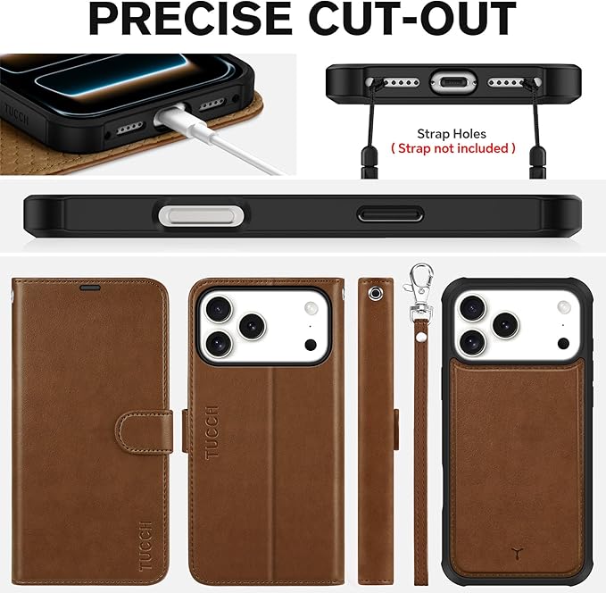 TUCCH Detachable Case Wallet for iPhone 17 Pro Max (6.9") 2025, Wrist Strap, 4 Card Holders RFID Blocking, Wireless Charging, Stand, 2-in-1 Magnetic, PU Leather, Shockproof Folio Cover, Brown