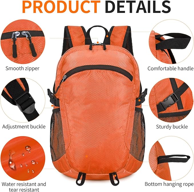 Small Hiking Backpack 15L Travel Lightweight Hiking Packable Daypack Water-Resistant Foldable Backpacks for Women Men Camping (Orange)