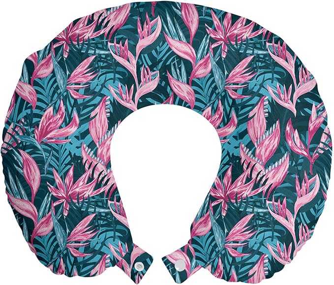 Ambesonne Exotic Travel Pillow Neck Rest, Aloha Bird of Paradise Blooms Tropical Leaves Flourishing Jungle Graphic, Memory Foam Traveling Accessory for Airplane and Car, 12", Pink Petrol