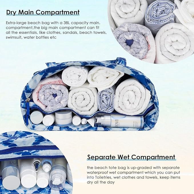 KABAQOO Extra Large Beach Bag Waterproof Sandproof Women Beach Tote with Zipper & Wet Compartment for Pool Gym Grocery Travel