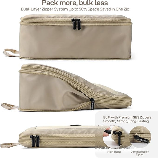 EPICKA TripCozy Compression Packing Cubes - 4 Set Durable Travel Organizer Bags with Mesh Top, Expandable Travel Accessories for Carry on, Luggage, Suitcase, Backpack (Khaki)