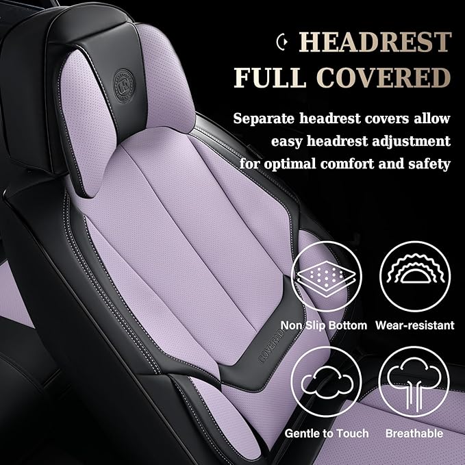 Coverado Universal Seat Covers Front, 2-Pack Universal Seat Covers for Cars, Waterproof Nappa Leather Car Seat Covers with Head Pillow, Auto Protectors Fit for Most Sedans SUV Truck-Black&Purple