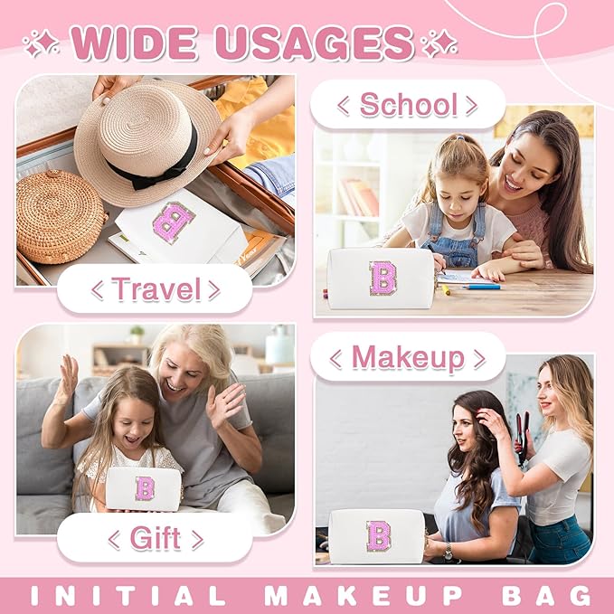 Small Initial Patch Makeup Bag Personalized Gifts Make Up Bag,White Cute PU Leather Glitter Letter Cosmetic Bag with Zipper,Trendy Portable Travel Toiletry Pouch,Preppy Stuff for Teen Girls Women B