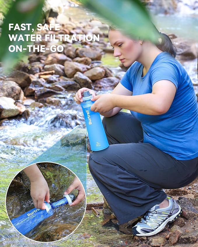 1.0L Collapsible Water Filter Bottle, BPA-Free Ultralight & Durable Squeeze Bottle with 42mm Filter Cap Cartridge, Filtered Water Bottle for Camping, Hiking, Backpacking, Survival & Travel