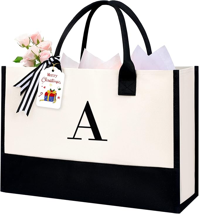 BAGAIL Initial Tote Bag, Personalized Birthday Gifts for Women, Teacher, Friends, Mom, Wedding, Monogrammed Beach Bag