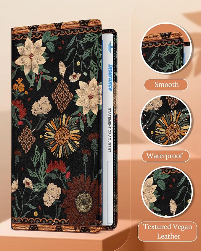 Slohif Car Registration and Insurance Holder - Boho Vehicle Glove Box Organizer Women with Magnetic Shut Leather Automobile License Holders Coasters Auto Accessories Case for Document