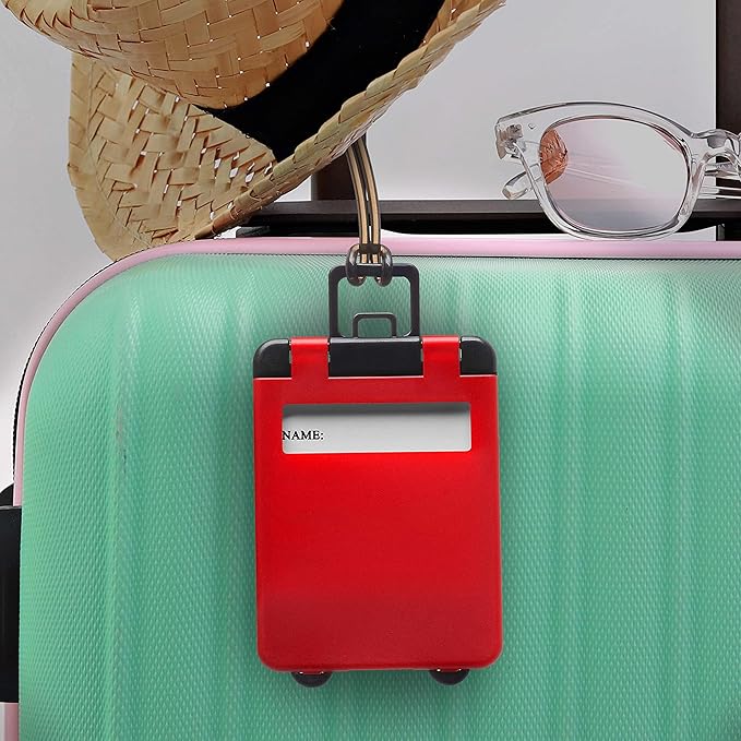 10 Mini Carry-on Luggage Tags Pack - Flip Open Cover, ID Sticker - Red