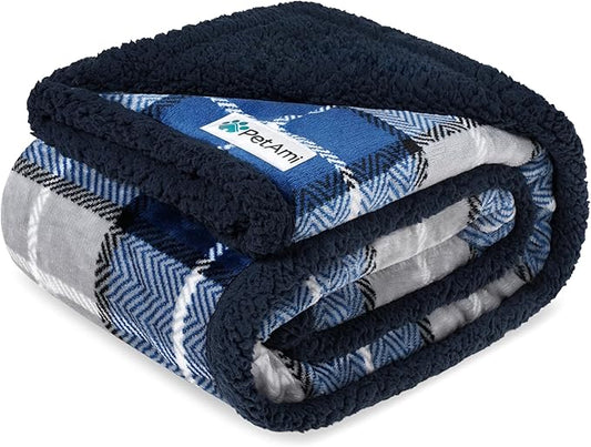 PetAmi Waterproof Dog Blanket for Small Medium Dog Puppy Cat Throw for Couch Cover Leakproof Protection, Sherpa Fleece, Reversible Soft Washable 29x40 Plaid Navy Blue