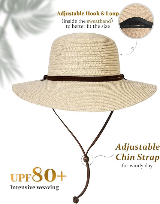 FURTALK Womens Wide Brim Sun Hat with Wind Lanyard UPF Summer Straw Sun Hats for Women