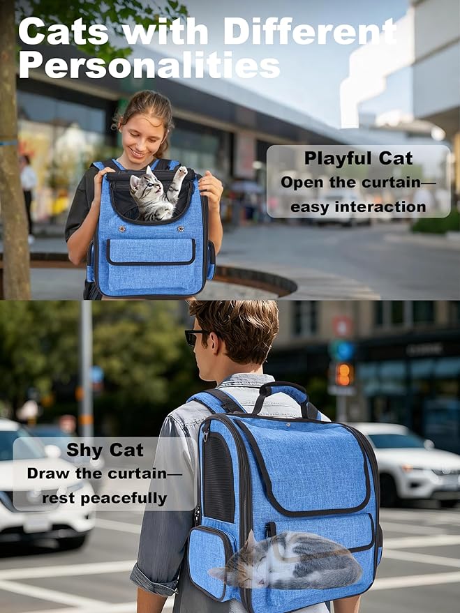 Large Cat Carrier with Tunnel Extension, Portable Small Dog Backpack with Ventilated Mesh Windows, Anti-Scratch Fabric, Luggage Strap and Chest Buckle for Travel, Hiking, Camping,Gray Blue