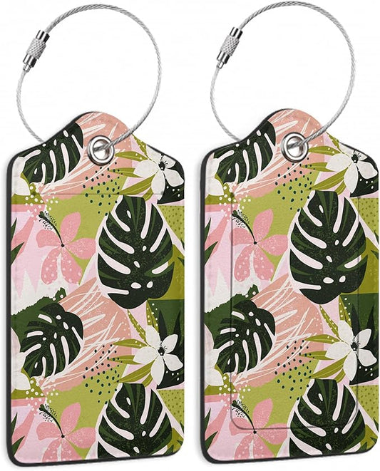 Luggage Tags for Suitcase,2 Pack Boho Flowers Tropical Leaves Luggage Tag PU Leather Privacy Cover ID Label with Stainless Steel Loop for Women Men Teens Travel