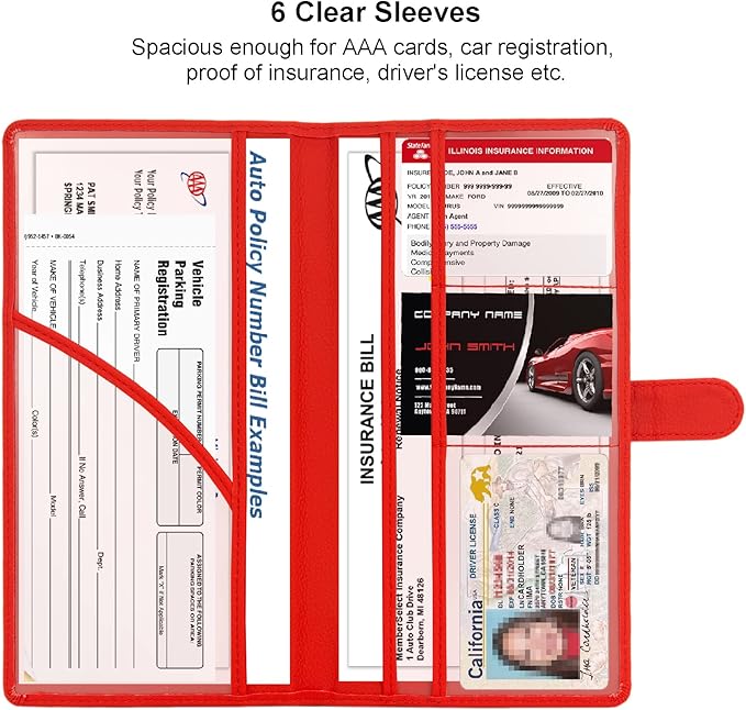 Car Registration and Insurance Holder, Leather Magnetic Shut Vehicle Glove Box Organizer for Document, Card, Driver License, Red