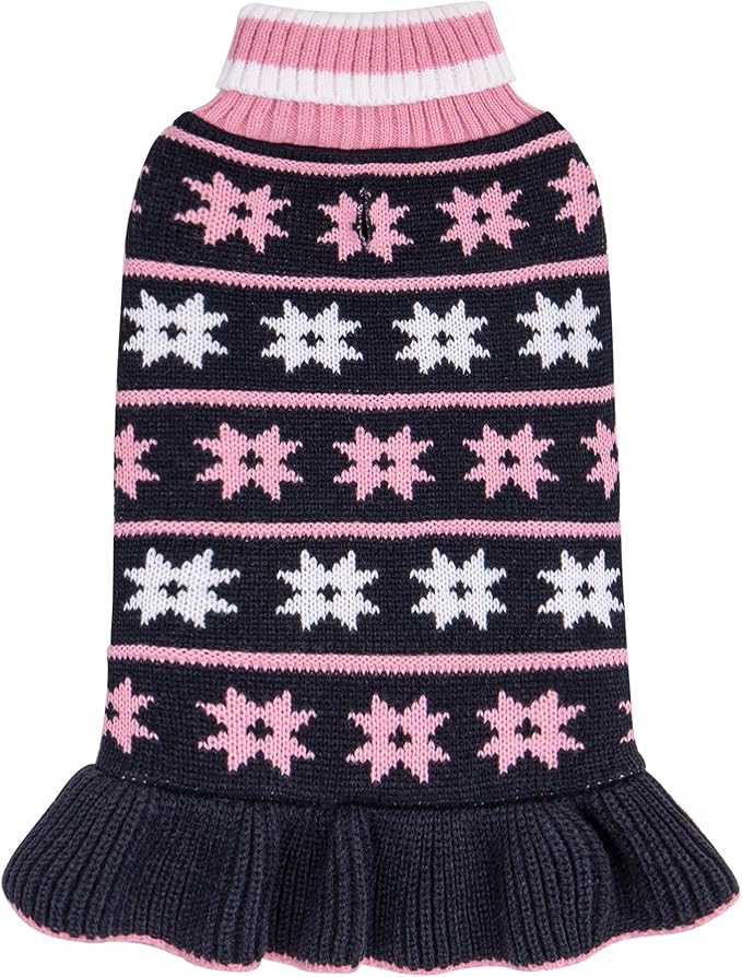 KYEESE Dog Sweater for Medium Dogs Fall Winter for Girl Dogs Clothes Warm Pet Coats with Leash Hole Pullover Dog Sweater Dress Knit Turtleneck Pet Sweater with Snow Flake Pattern, Navyblue, XX-Large