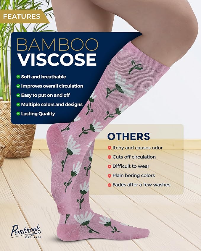 Pembrook Bamboo Viscose Light Compression Socks - 3 Pairs | 8-15 mmhg Compression Socks | Knee High Comfort Support Socks