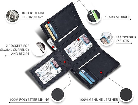 Real Leather Mens Trifold Wallet RFID Blocking Slim Minimalist Front Pocket - Thin & Stylish with ID Window in Gift Box