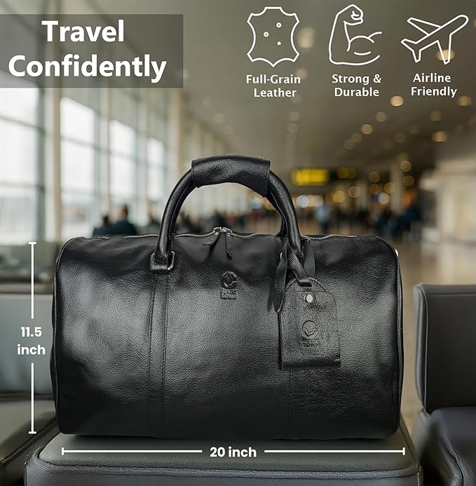 Leather Duffle Bag for Men - Full Grain Leather Travel Bag - TSA Approved Carry On Weekender Overnight Duffel Bag (Black, 20 inch)