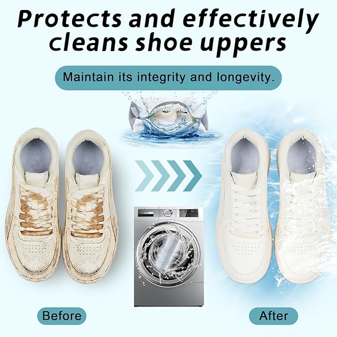 XXL Shoe Washing Machine Bag - 2 Reusable 360° Deep Clean Shoes Washing Bag for Washer and Dryer, Durable Zipper Laundry Shoe Bag Kit Include Laundry Bag for Delicates/Bra Laundry Bags (White)