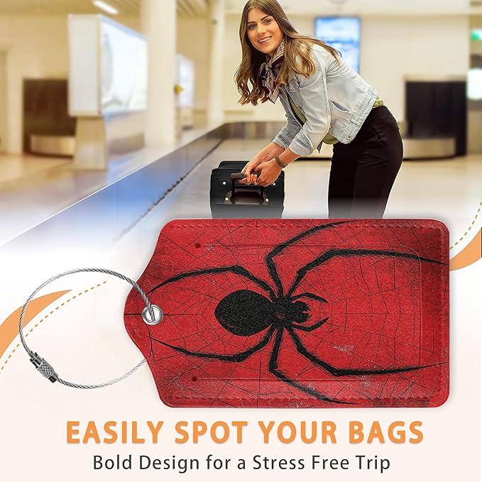 Red Web Spider 3 PCS Luggage Tags, Black Hanging Spider Leather Suitcase Tags with Privacy Cover Name Address Labels and Durable Steel Loop for Men/Women Travel Bag Suitcases
