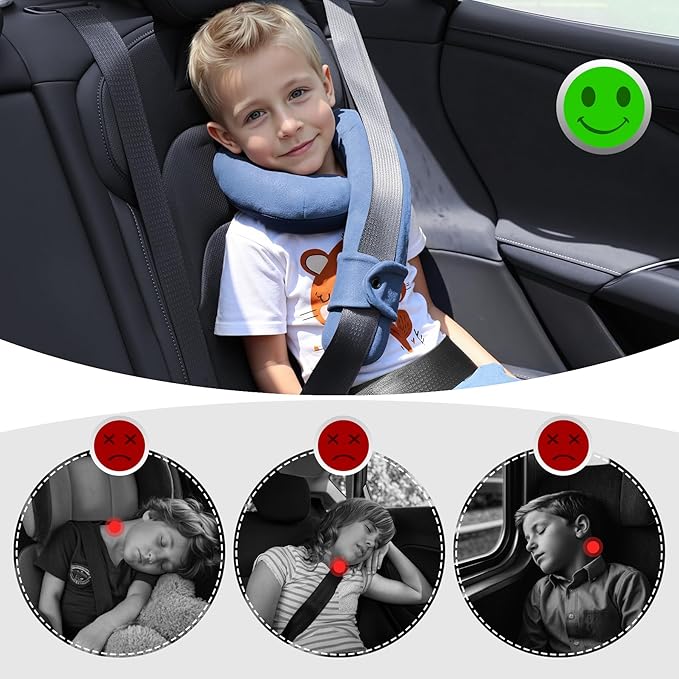 Kids Travel Neck Pillow, Comfortable Head & Chin Support for Car seat & Airplane, Toddler Pillow for Sleeping on Road Trip, Gifts for Child (Light Blue & Dark Blue)