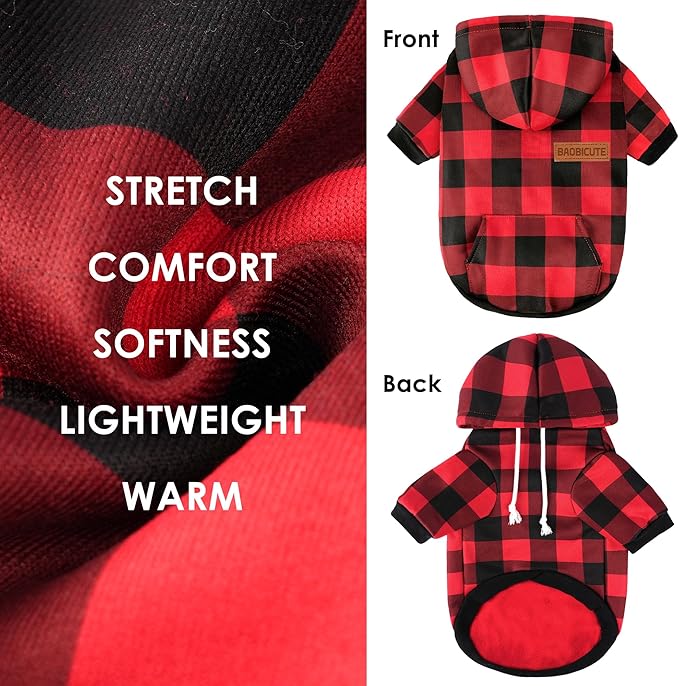 BAOBICUTE Dog Basic Hoodie Soft Dog Clothes Cold Weather Sweaters for Medium Large Dogs Cozy Fabric Warm Sweatshirt with Leash Hole (Red Plaid, XS (Back: 10.24",Chest: 14.96", Neck: 11.42"))
