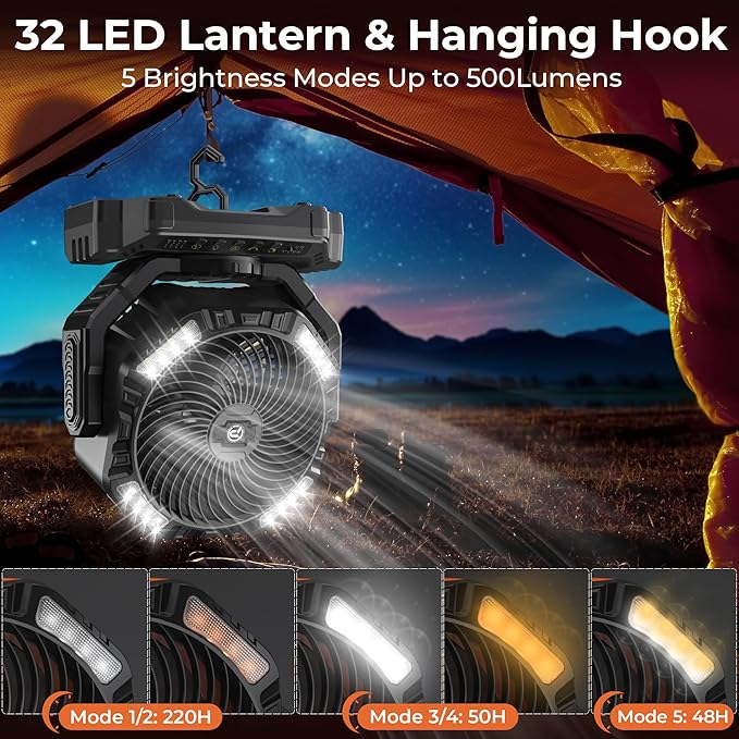 40000mAh Camping Fan with Light - 12in Rechargeable Battery Powered Fan (136H Cool Max), 90°Auto Oscillating with Remote & Charger, 4 Speeds & Timers for Outdoor/Patio/Garage/Jobsite/Hurricane/Outage