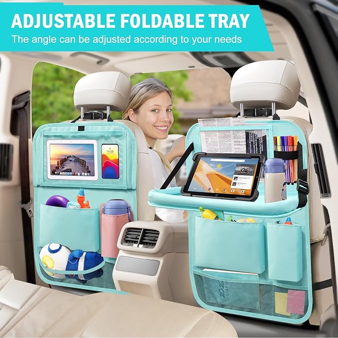 2Pack Car Backseat Organizer with Foldable Table Tray,6 Storage Pockets Car Storage Organizer with Tablet Holder,Car Seat Back Protectors Kick Mats Travel Accessories Blue
