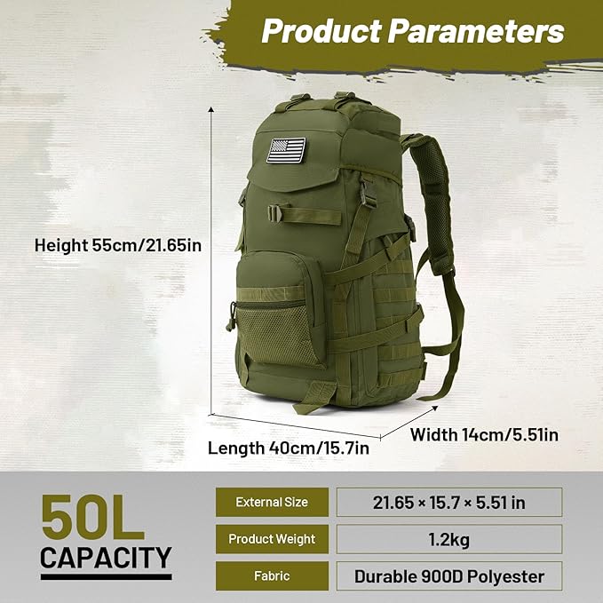 AUMENTAR 50L Tactical Backpack for Men and Women, Water-Resistant Molle Rucksack, Large Military Assault Pack for Hiking, Hunting, Camping, Gym & Outdoor Survival Green