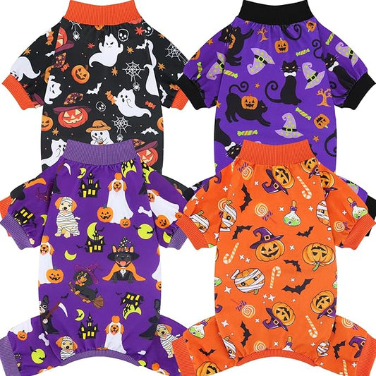 XPUDAC 4 Pack Halloween Dog Pajamas, Funny Ghost Halloween Costumes for Dogs, Soft Strechy Doggy Clothes for Small Medium Dogs Boy Girl, Pet Apparel, XL