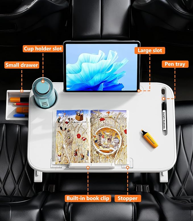 DICMKY Foldable Car Seat Tray Table, Adjustable Multifunctional Lap Tray for Kids, Portable Car Lap Desk for Laptop Computer Tablet, Rear Seat Tray for Eating/Reading, Travel Essentials Accessories