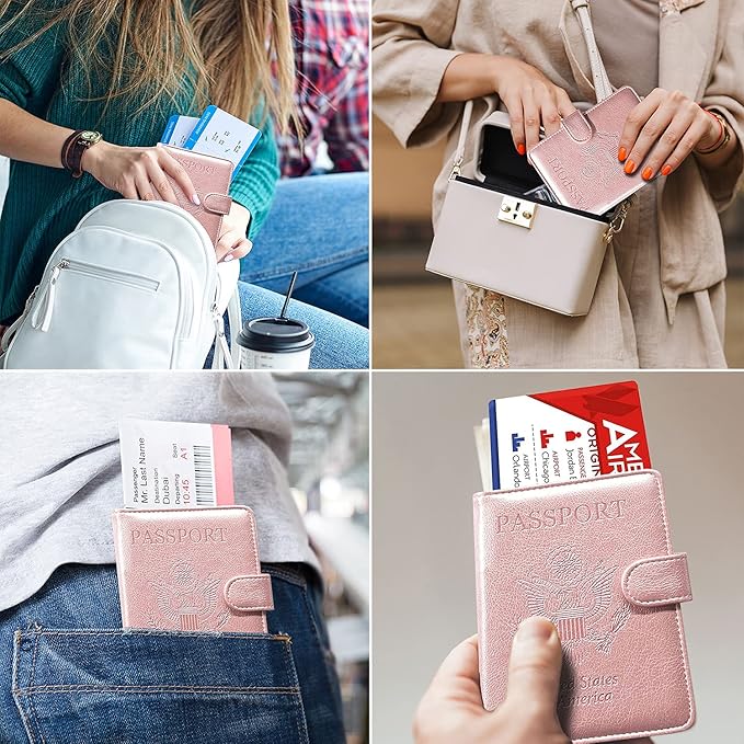 RSAquar Passport and Vaccine Card Holder Combo, Passport Holder Cover Wallet, Leather Card Case Travel Accessories with RFID Blocking for Women and Men, Rose Gold
