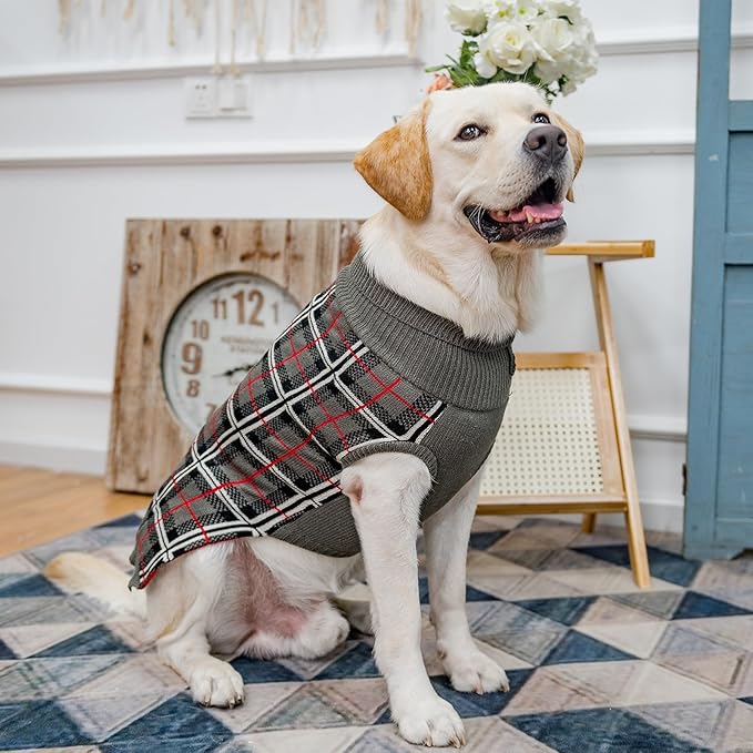 PUPTECK Dog Sweaters for Large Medium Small Dogs - Fall Classic Plaid Style Puppy Holiday Winter Coat Clothes Warm, Grey, SM