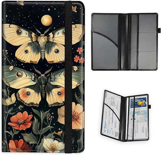 Car Registration and Insurance Holder PU Leather Vehicle Insurance and Registration Holders Wallet Case with Elastic Band Closure for ID Card, Driving Licence, Moths Night Floral