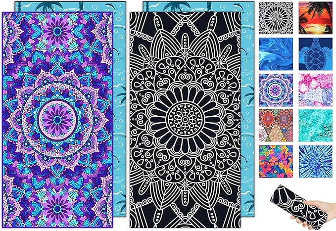 2 Packs Sand Proof Microfiber Beach Towels Adult –Quick Fast Dry Beach Oversized Accessories for Travel Swim Pool Yoga Camping Blanket Essentials Lightweight Must Haves Women Gifts Flower Mandala