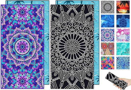 2 Packs Sand Proof Microfiber Beach Towels Adult –Quick Fast Dry Beach Oversized Accessories for Travel Swim Pool Yoga Camping Blanket Essentials Lightweight Must Haves Women Gifts Flower Mandala