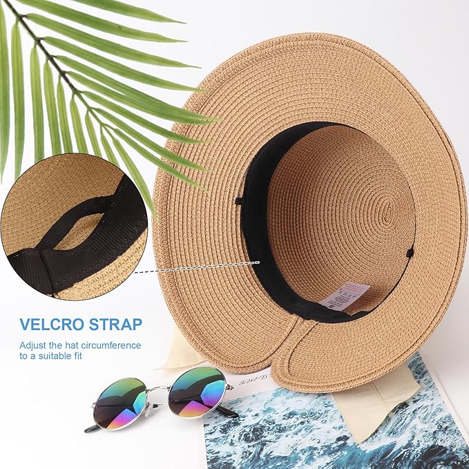 DRESHOW Sun Hats for Women Travel Fedora Foldable Beach Sun Hat Summer Wide Brim Straw Bucket Hat with Bowknot UPF 50+