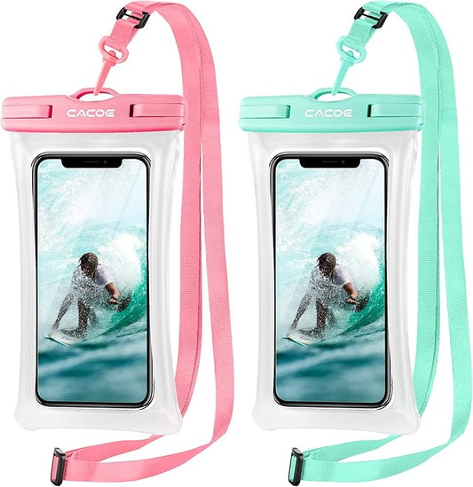 CACOE [Floatable] Floating Universal Waterproof Phone case 2 Pack-Up to 7.0",Waterproof Phone Pouch with Adjustable Neck Lanyard,IPX8 Cell Phone Dry Bags for Beach Pool Swimming（Blue+Pink）