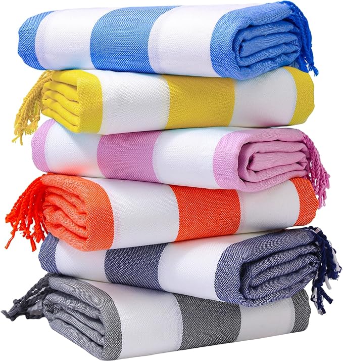 Genovega 6 Packs Oversized Turkish Beach Bath Towel Set Bulk 74"x38" Extra Large Sand Free Quick Dry Swim Camping Pool Clearance Towels Travel Blanket Essentials Adult Royal Red Stripe