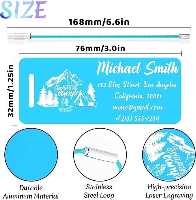 4 PCS Personalized Luggage Tags for Suitcase, Custom Engraved Aluminum Luggage Tags with Your Personalized Text Logo, Metal Name Tags with Steel Loop for Bag, Suitcase, Backpack (Lake Blue, Small)