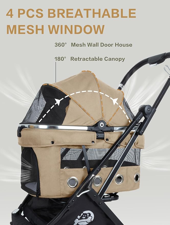 JK Pawadore 4 Wheels Pet Stroller Best Lightweight Foldable Portable Secure Easy Lock NO-Zip 180 ̊ Canopy Sun Shades Waterproof for Small/Medium Dogs 33lbs with Large Storage Basket (Khaki)