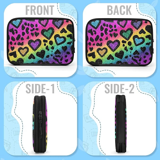 Rainbow Heart Travel Cable Organizer Pouch Colorful Leopard Print Electronics Accessories Carry Case Portable Water Resistant Storage Bag for Cord Charger Phone Earphone SD Card