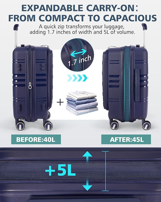 RAINSMORE Expandable Carry on Luggage 20 Inch, Airline Approved Carry on Suitcase with Front Pocket&Laptop Compartment, Hardshell Rolling Travel Luggage with Spinner Wheels,Royal Blue