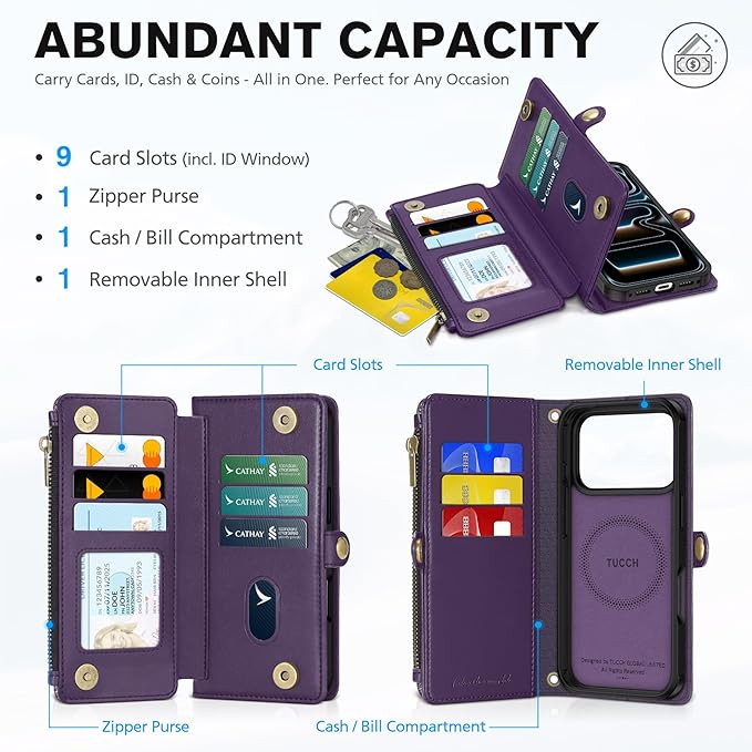 TUCCH Removable Crossbody Wallet Case for iPhone 17 Pro 6.3", RFID Blocking 9 Card Holders, Lanyard, Wrist Strap, Wireless Charging, Stand, Zipper Pocket, PU Leather, Magnetic Flip Cover, Deep Purple