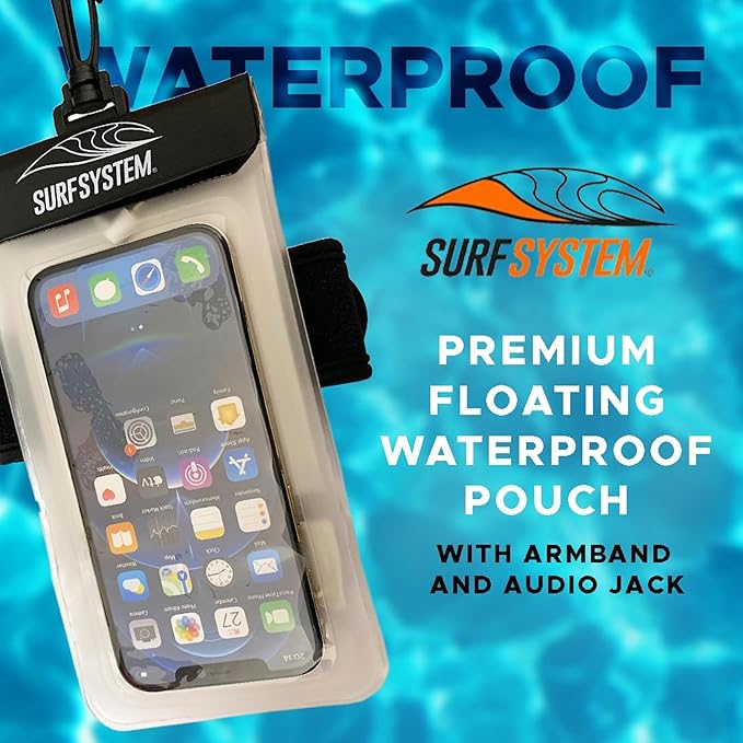 SURF SYTSTEM Floating Waterproof Pouch, w/Neoprene Armband + Audio Jack for Smartphone + Screen Touch Functionality - Drybag Case, iPhone, Android for Surfing, Bodyboarding, Fishing, Boating, Kayaking