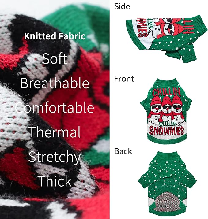 Fitwarm Chillin with My Snowmies Dog Ugly Christmas Sweater, Winter Dog Clothes for Small Dogs Girl Boy, Pet Holiday Sweatshirt, Xmas Snowman Outfit, Green, Red, White, XXL