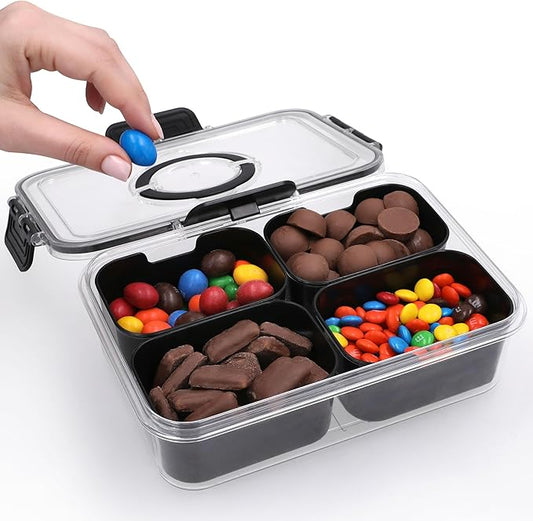 Snackle Box Container with Lid- Travel Charcuterie Box with Handle - Organizer for Candy, Fruit, Nuts, Veggies, Snacks, Beach Essentials, Portable Lunch Box (Black, Small)