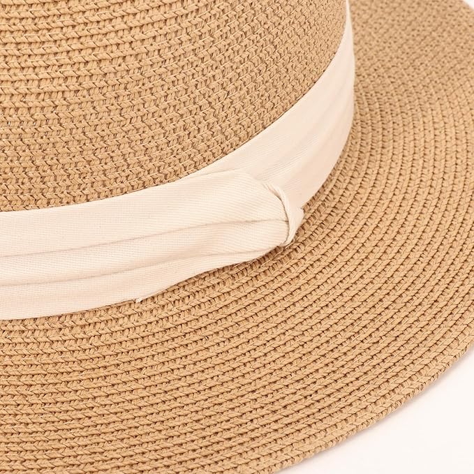 DRESHOW Women Straw Panama Hat Travel Fedora Beach Sun Hat Summer Wide Brim Straw Roll up Hat UPF 50+