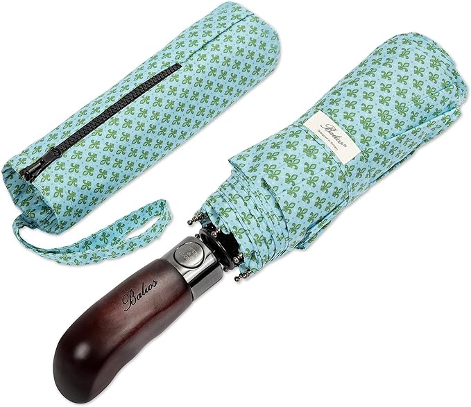 Balios Travel Folding Umbrella with Real Wood Handle Auto Open Close Vented Windproof Canopy - Designed in UK