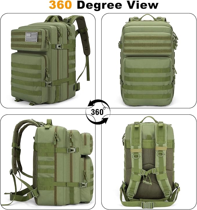 Tactical Backpack 45L Military Rucksack, Water Resistant MOLLE Assault Pack, Large 3 Day Bug Out Bag for Men & Women, Durable Outdoor Gear for Hiking, Camping, Hunting, Travel (ArmyGreen)