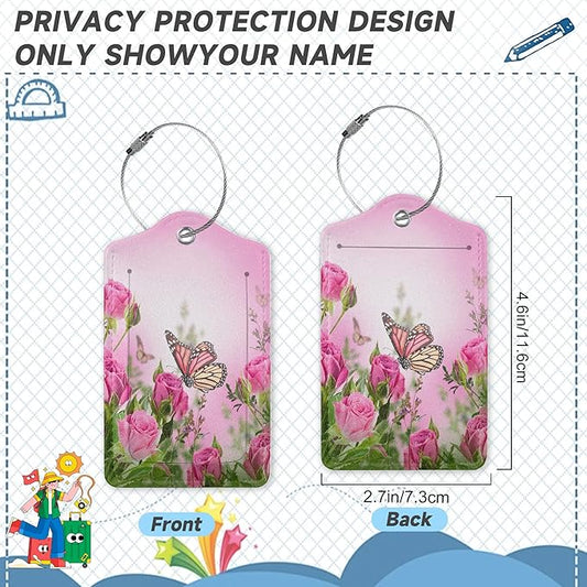 2 Pack Luggage TagsButterfly Rose Floral with Stainless Steel Loop and Privacy Cover for Women Men Travel Luggage Accessories